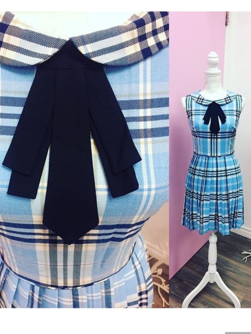Hell Bunny Light Blue Plaid Midi Dress with Black Bow